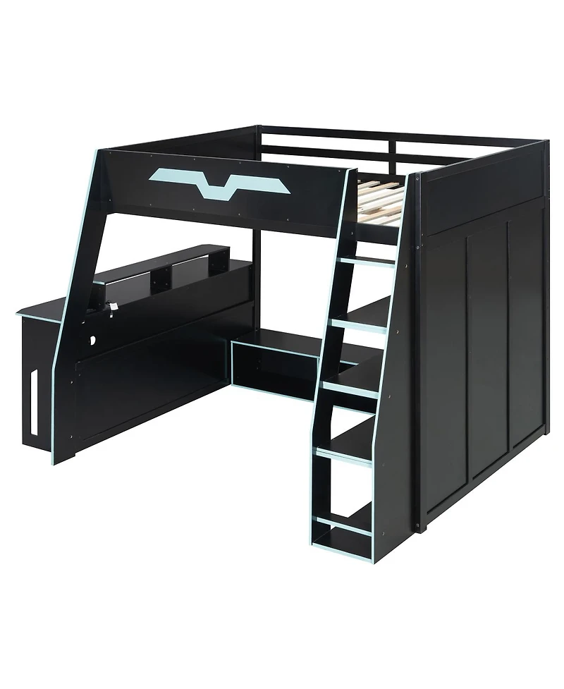 Streamdale Furniture Full Size Wood Loft Bed with Desk Storage Shelves and Rgb Light
