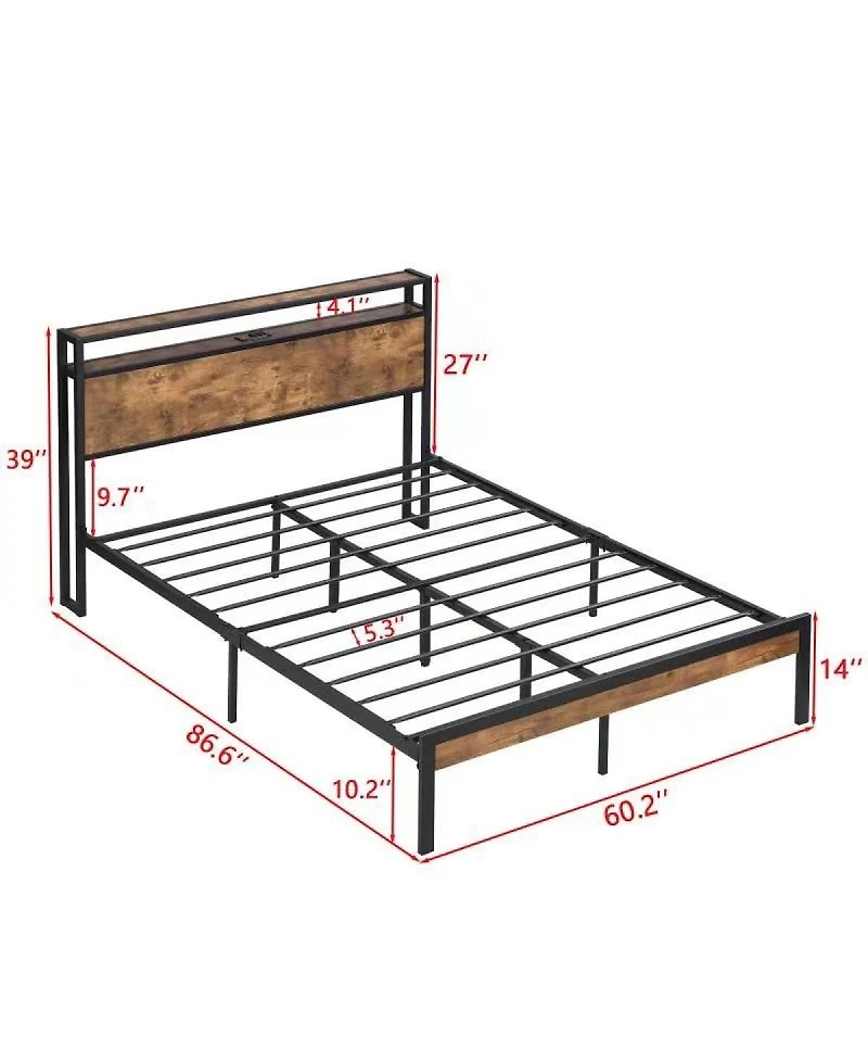 Streamdale Furniture Metal Platform Bed Frame with Wooden Headboard Usb and 2 Drawers
