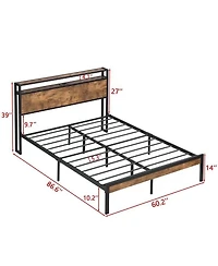 Streamdale Furniture Metal Platform Bed Frame with Wooden Headboard Usb and 2 Drawers