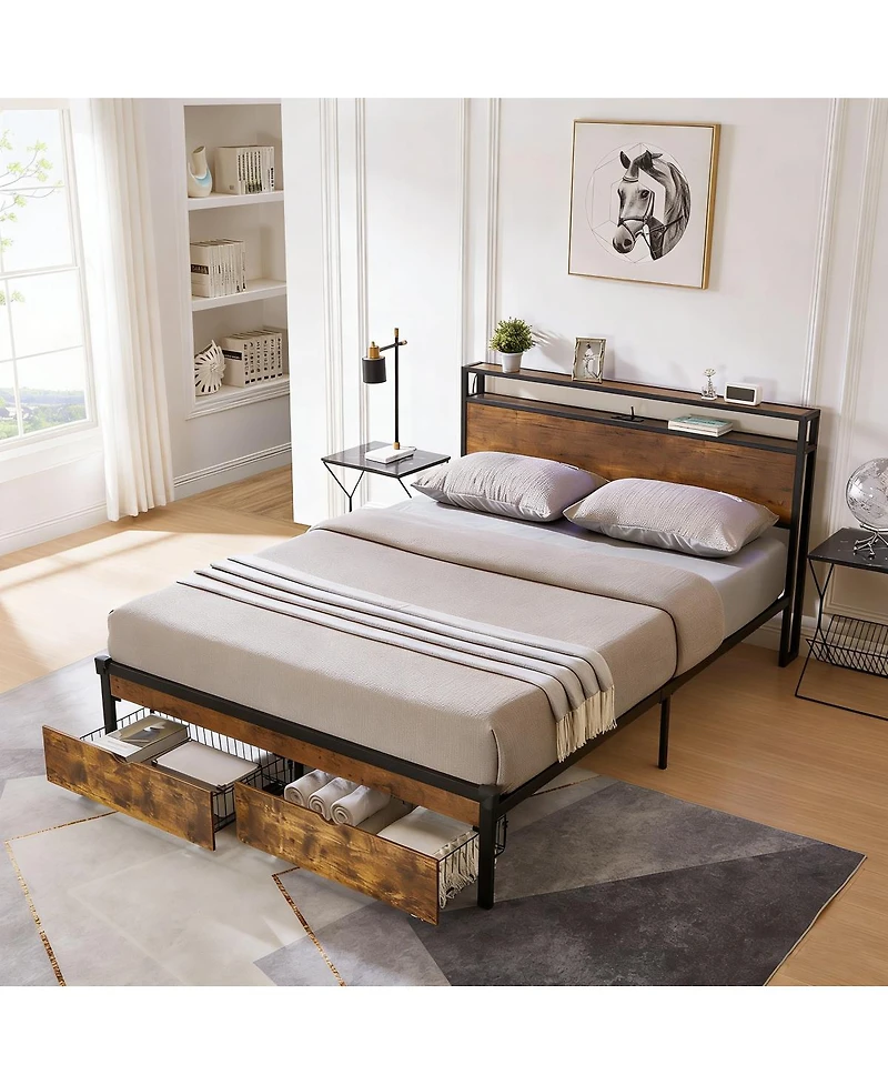 Streamdale Furniture Metal Platform Bed Frame with Wooden Headboard Usb and 2 Drawers