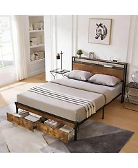 Streamdale Furniture Metal Platform Bed Frame with Wooden Headboard Usb and 2 Drawers