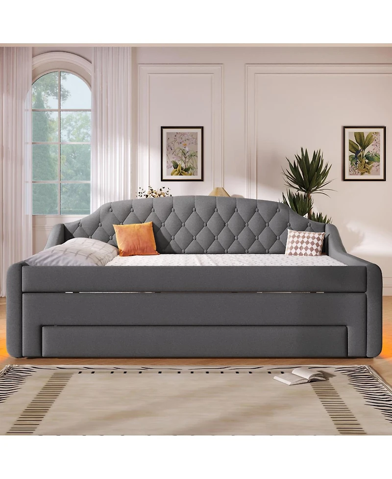 Streamdale Furniture Upholstered Full Size Daybed with Led Belt Trundle and Three Drawers