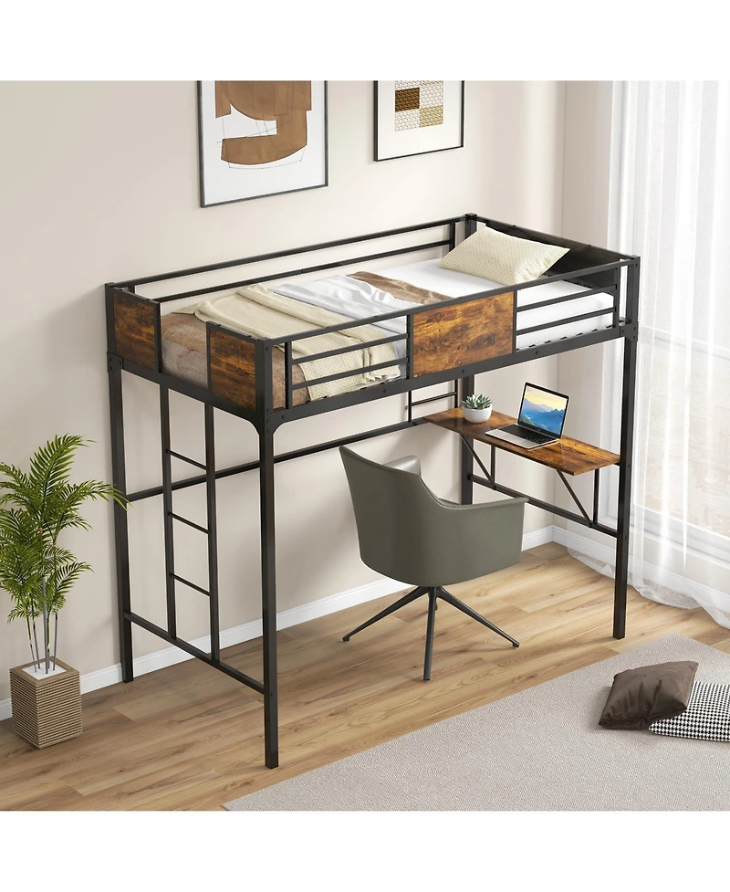 Gouun Twin Size Industrial Metal Loft Bed with Desk Storage Shelf and Build-in Ladder