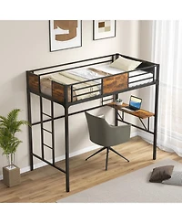 Gouun Twin Size Industrial Metal Loft Bed with Desk Storage Shelf and Build-in Ladder