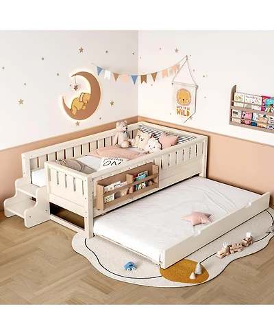 Streamdale Furniture Twin Bed with Bookshelves Staircase Safety Rails and Trundle