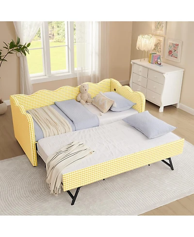 Streamdale Furniture Cozy Gingham Twin Daybed with Trundle Usb Port and Wave-Shaped Backrest
