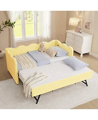 Streamdale Furniture Cozy Gingham Twin Daybed with Trundle Usb Port and Wave-Shaped Backrest