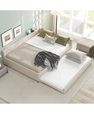 Streamdale Furniture Queen Size Upholstered Platform Bed with Usb and Twin Size Trundle