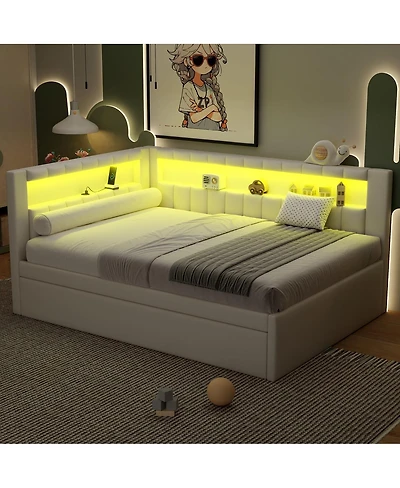 Streamdale Furniture Full Size Upholstered Platform Bed with Led Usb Ports and Trundle