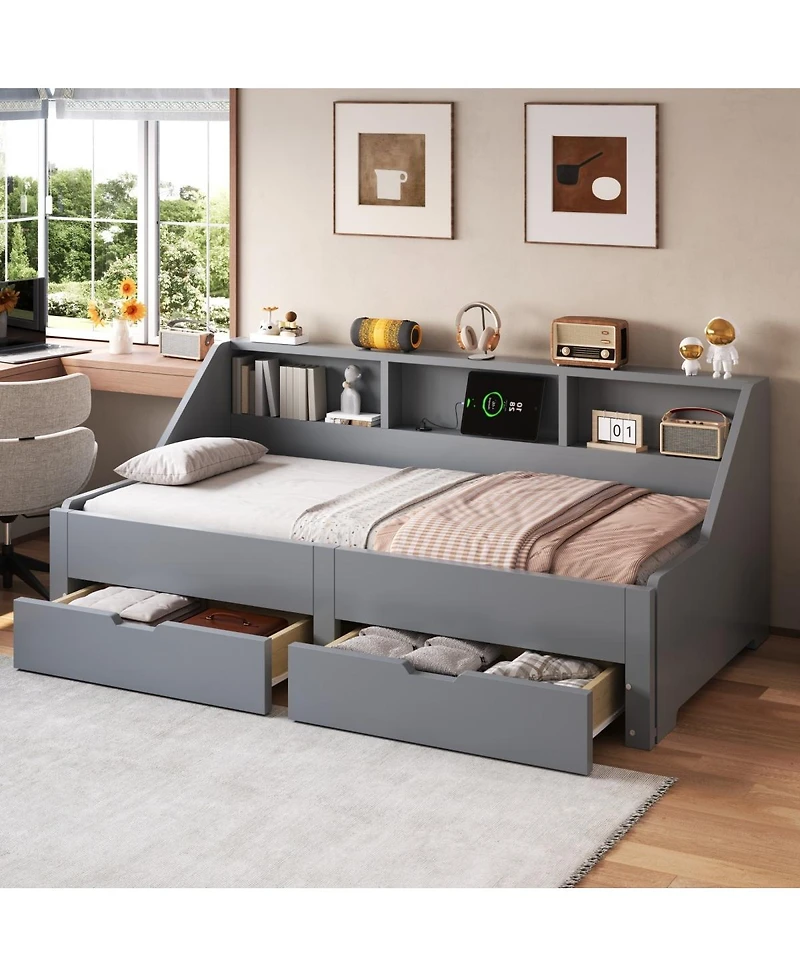 Streamdale Furniture to King Daybed Frame with Storage Drawers and Charging Station