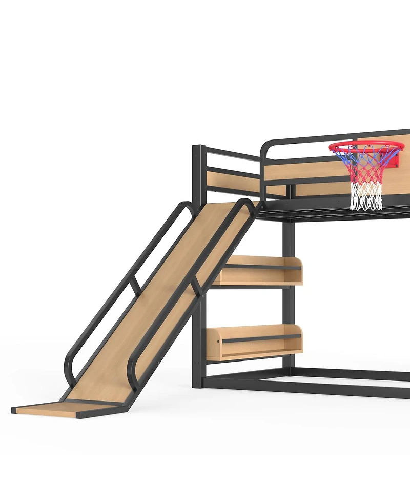 Streamdale Furniture Metal Loft Bed with Basketball Hoop Climbing Wall Slide and Bookshelves