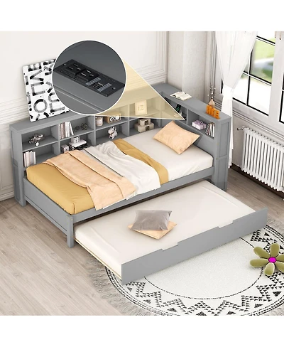 Streamdale Furniture Wooden Twin Daybed with Trundle Storage Shelf and Usb Ports