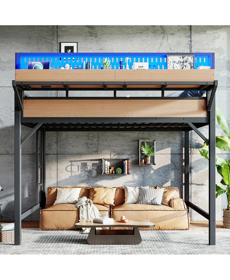 Streamdale Furniture Loft Bed with Storage Pegboard Usb Ports and Led Lights