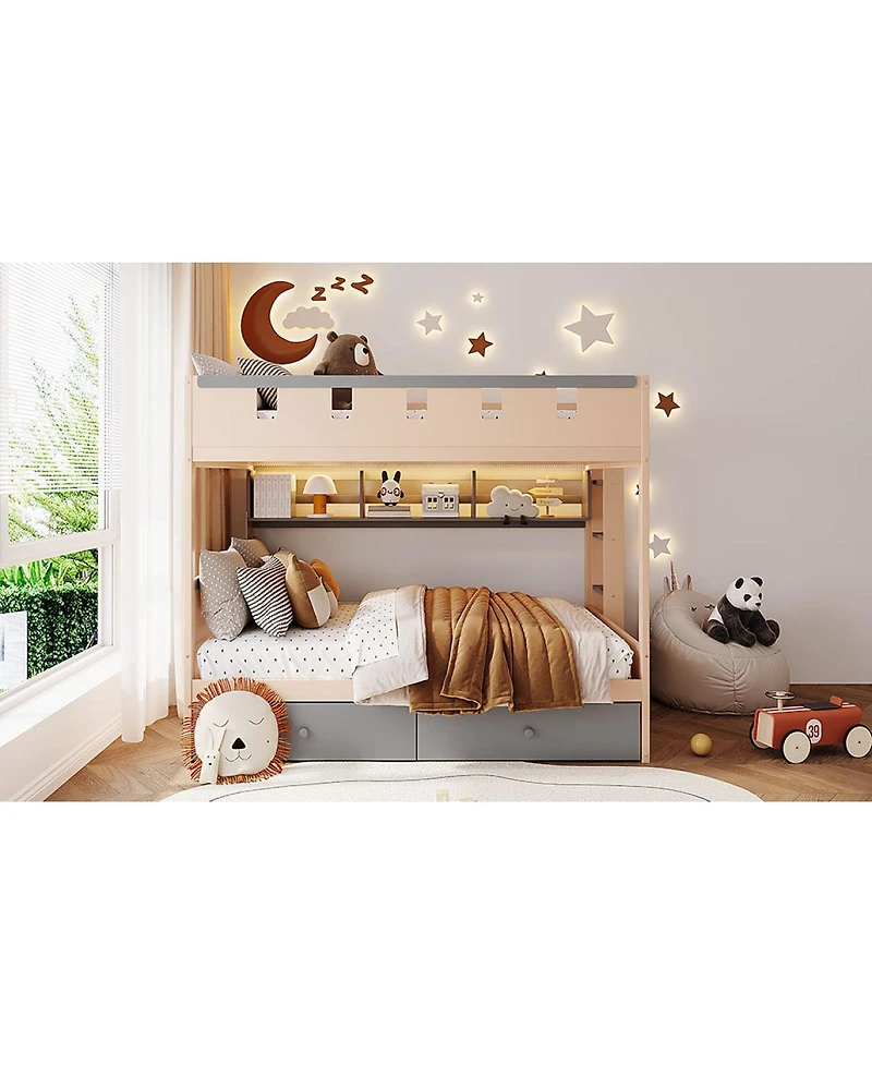 Streamdale Furniture Castle-Style Wooden Loft Bed with Led Lights and Storage Drawers