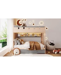 Streamdale Furniture Castle-Style Wooden Loft Bed with Led Lights and Storage Drawers
