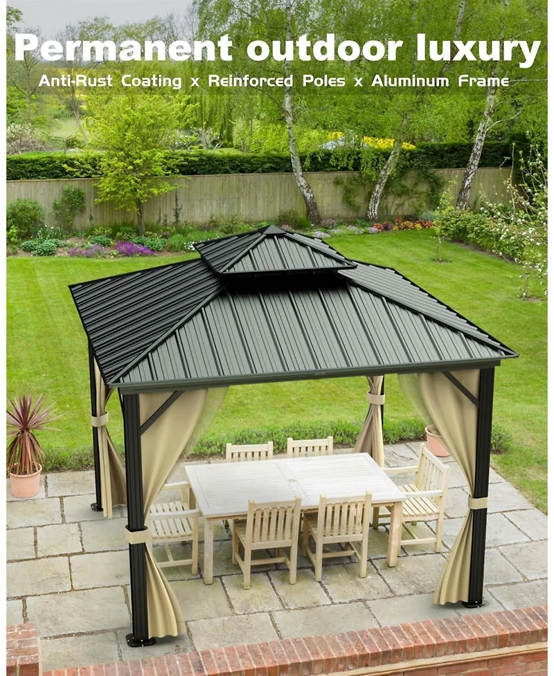 gaomon 10x10 Feet Hardtop Gazebo for All Weather, with Double Metal Roof, Aluminum Alloy Frame, Net, and Curtain, Permanent Building for Patio, Deck