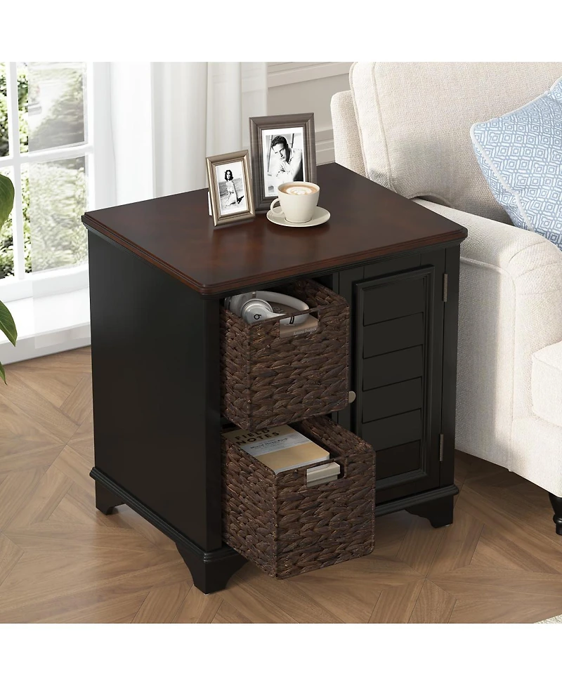 Streamdale Furniture End Table Side Table with a shutter style design.With two woven grass baskets