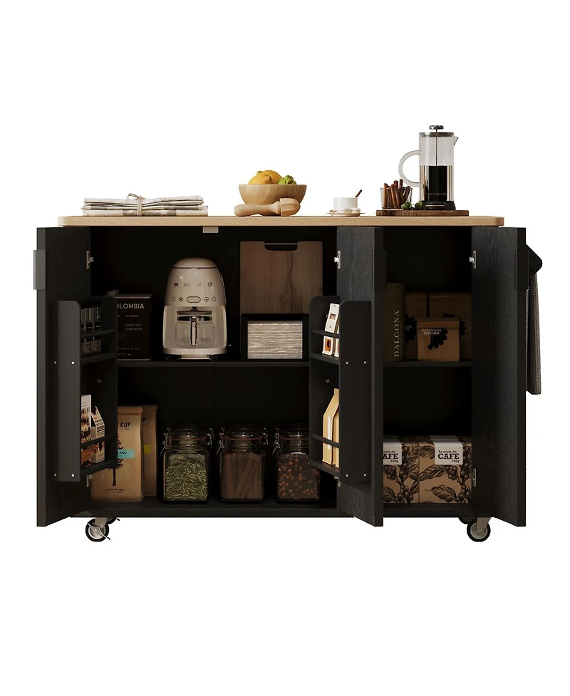 Streamdale Furniture 51'' Fluted Farmhouse Kitchen Island with Drop Leaf and Rolling Storage Cart