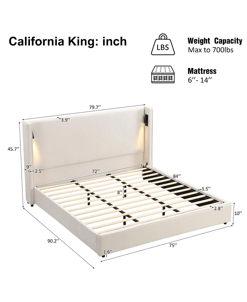 Streamdale Furniture California King Upholstered Wingback Bed Frame with Reading Lamp and Usb