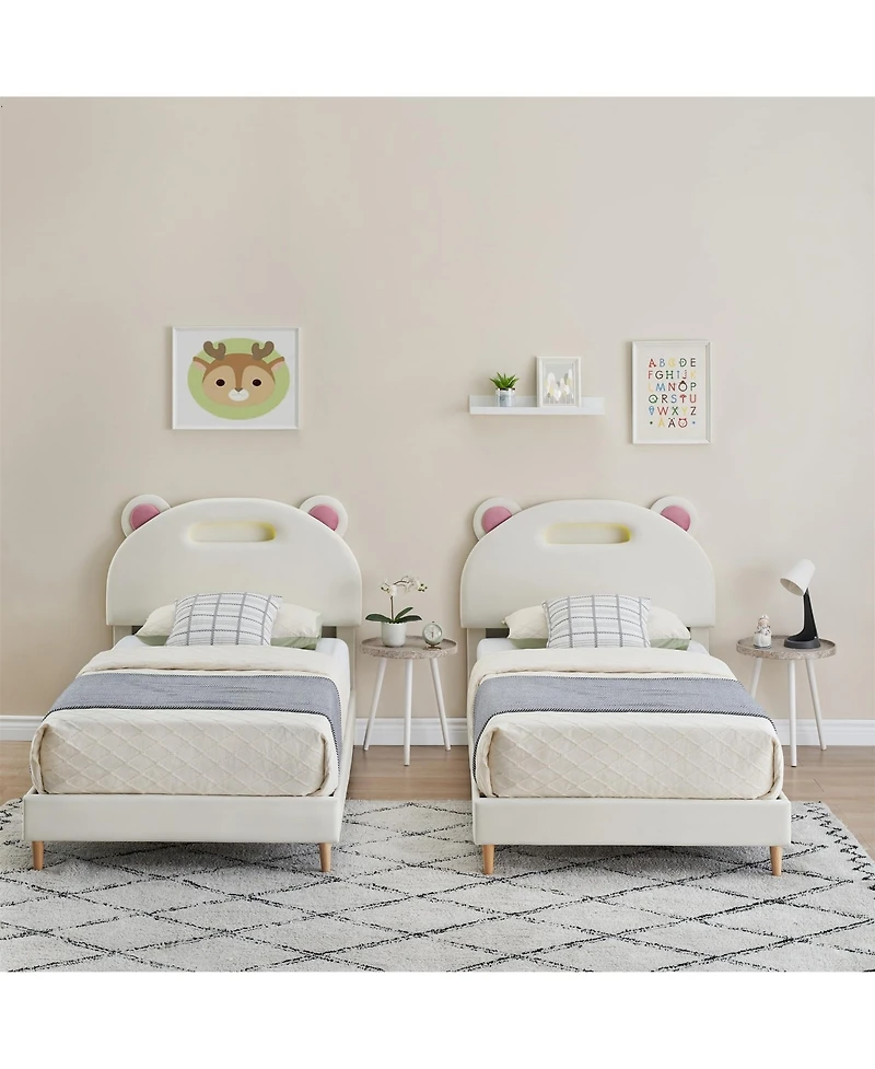 gaomon Set of 2 Twin Bed Frames, Upholstered Platform with Led Lights and Headboard, Wooden Slats Support, No Box Spring Needed for Bedroom