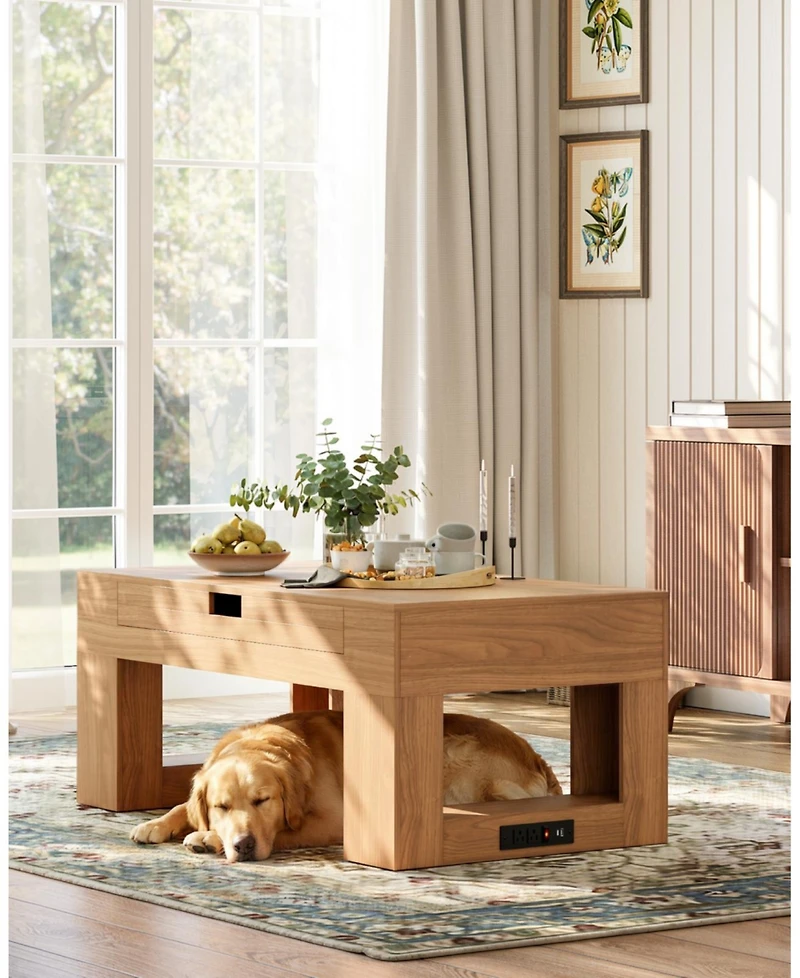 Sugift Lift Top Coffee Table with Puzzle Tray, Modern Wood Center Table with Hidden Storage and Charging Station for Living Room