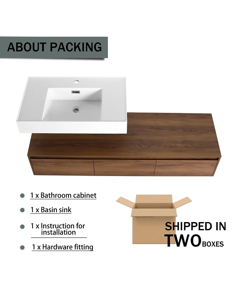 Sillysis 59 Inch Wall Mounted Bathroom Vanity with Resin Sink, 3 Soft Close Drawers, Modern Floating Cabinet for Spacious Storage