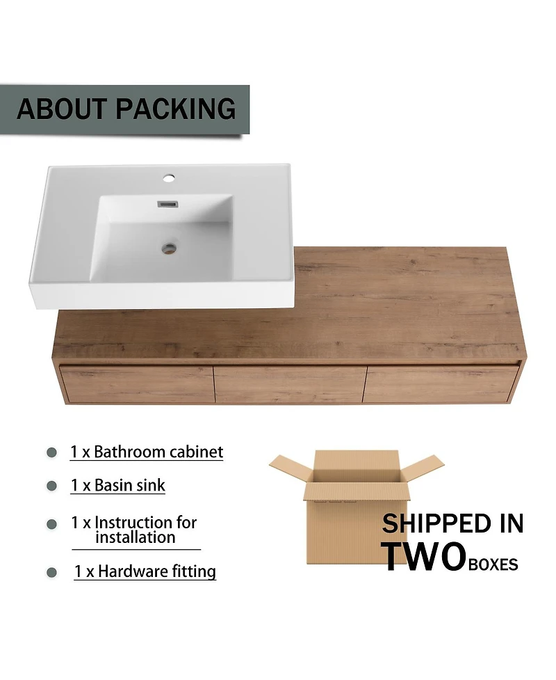 Sillysis 59 Inch Wall Mounted Bathroom Vanity with Resin Sink, 3 Soft Close Drawers, Modern Floating Cabinet for Spacious Storage