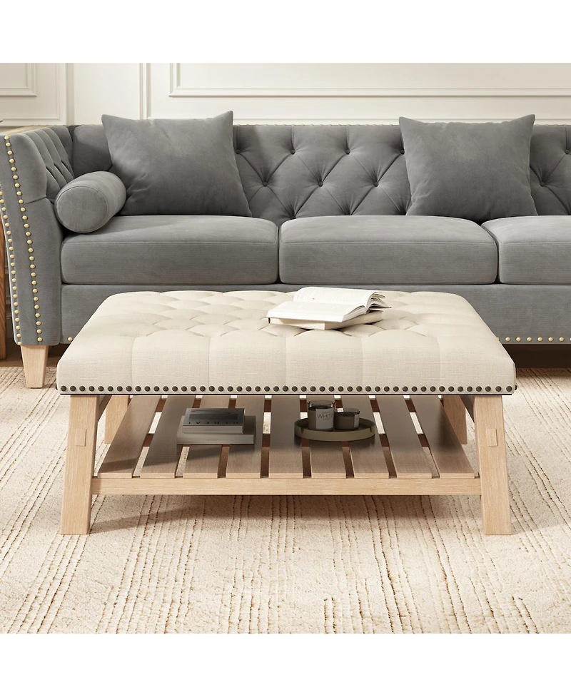 Streamdale Furniture 41.5'' Tufted Square Ottoman Coffee Table with Storage Shelf and Nailhead Trim