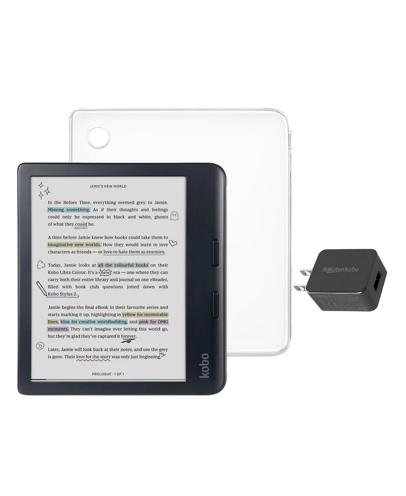 Kobo Libra 32GB Colour eReader with Clear Case and Ac Bundle