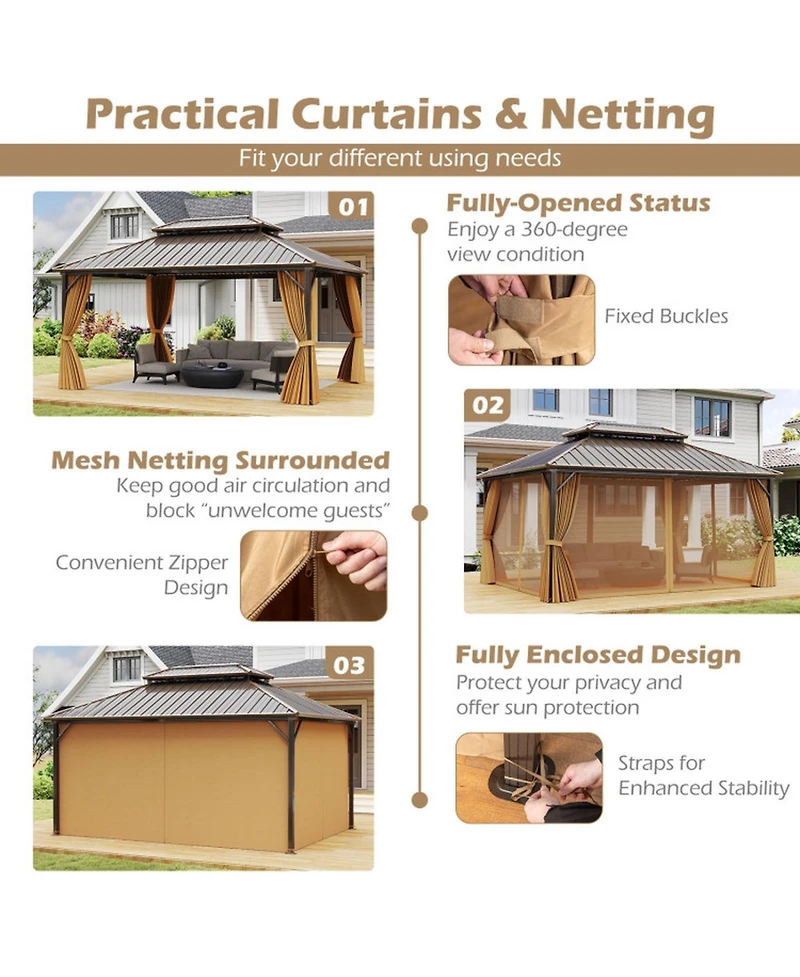 Gouun 16 x 12 Ft Permanent Hardtop Gazebo with Aluminum Frame and Mesh
