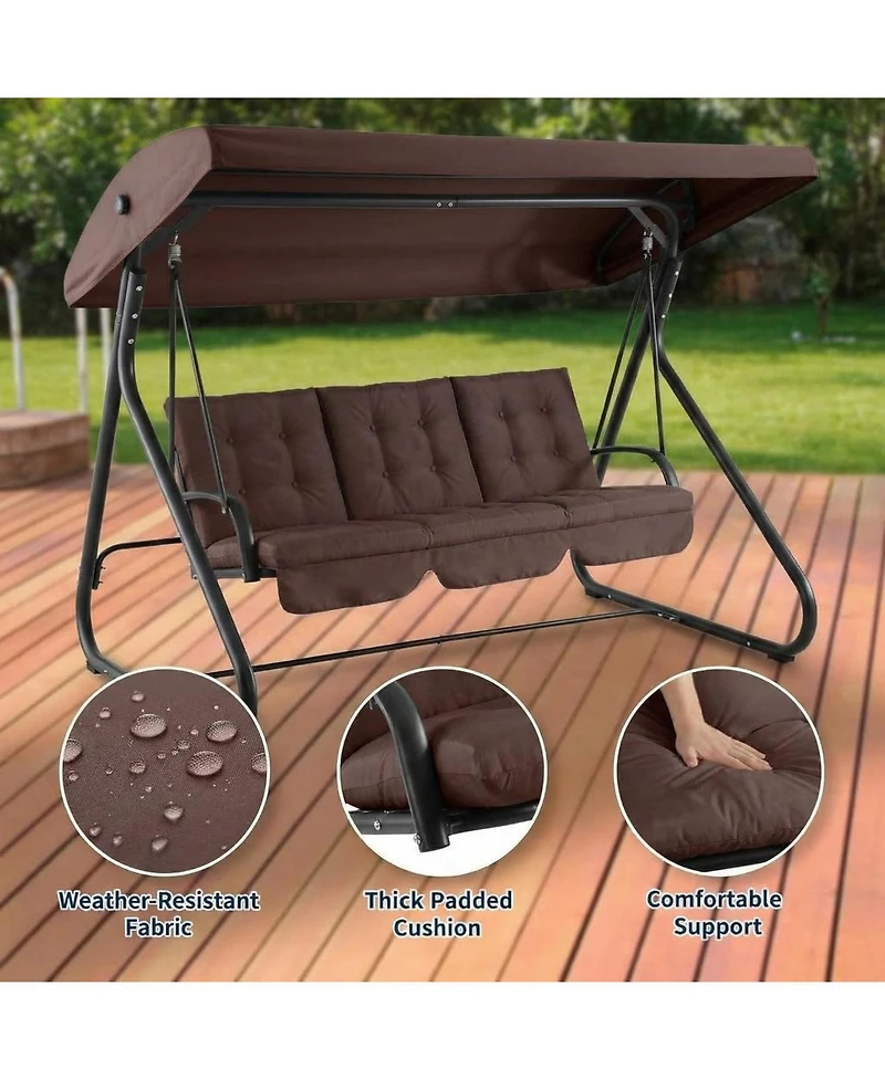 gaomon 3-Seat Outdoor Patio Swing with Adjustable Canopy, Convertible Swing Bed with Stand, Glider Swing with Cup Holders