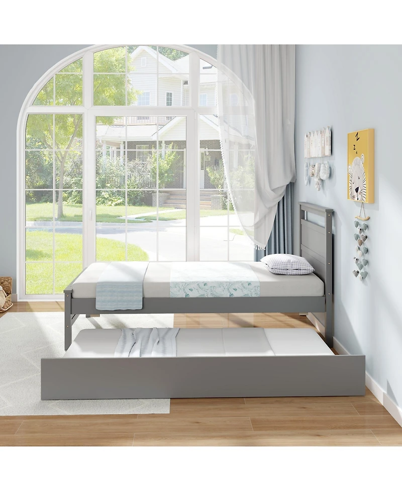 Gouun Twin Wooden Bed Frame with Trundle for Teens and Adults