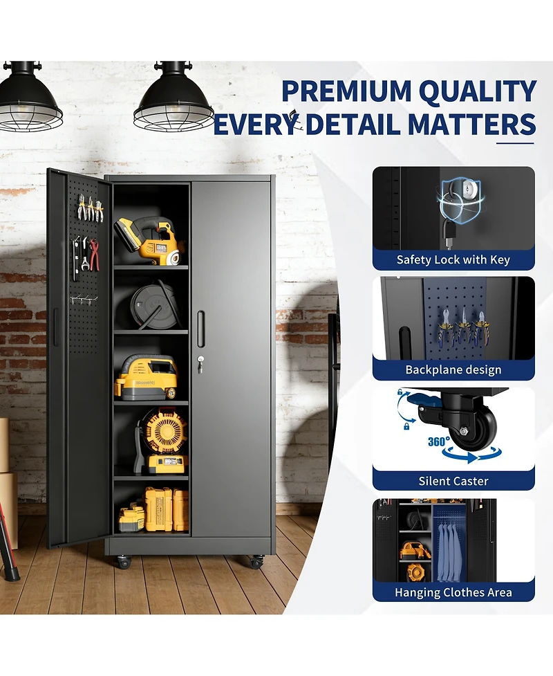 Viyet 71-Inch Metal Storage Cabinet - Heavy-Duty Mobile Steel Wardrobe with Hanging Rod