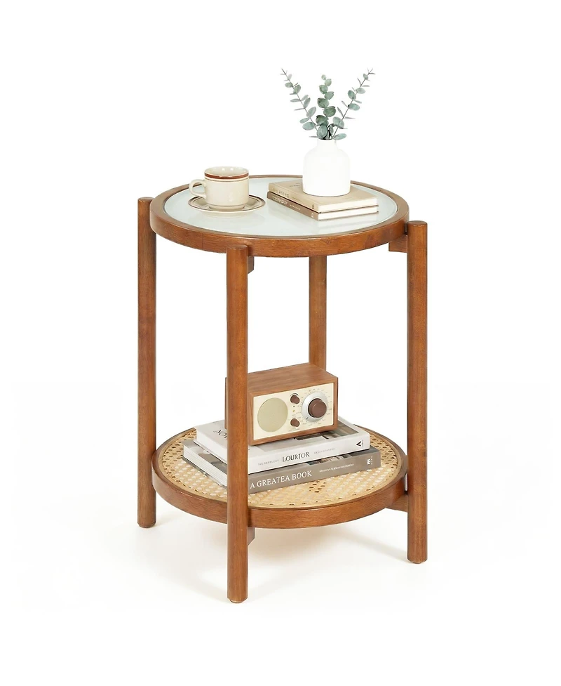Gymax 2-Tier Round Side Table w/Tempered Glass Top Storage Shelf Acacia Wood Legs