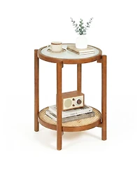 Gymax 2-Tier Round Side Table w/Tempered Glass Top Storage Shelf Acacia Wood Legs