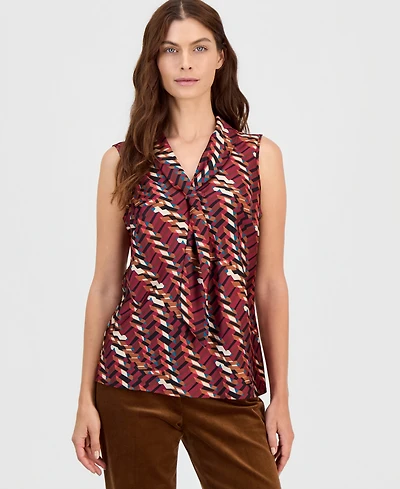 Tahari Asl Petites Sailor Tie Sleeveless V-Neck Geometric Blouse