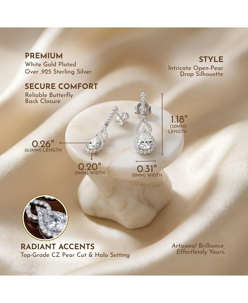 Sterling Silver with Rhodium Plated Clear Pear and Round Cubic Zirconia Halo with Open Pear Drop Earrings