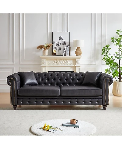 Maison Boucle 85.5'' Wide Chesterfield Sofa, Polyester 3 Seater Couch, 2 Pillows