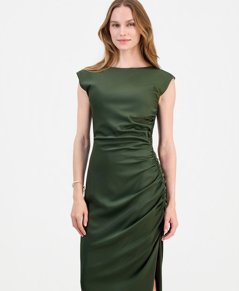Lulus Women's Felicity Ruched Satin Side Slit Midi Dress