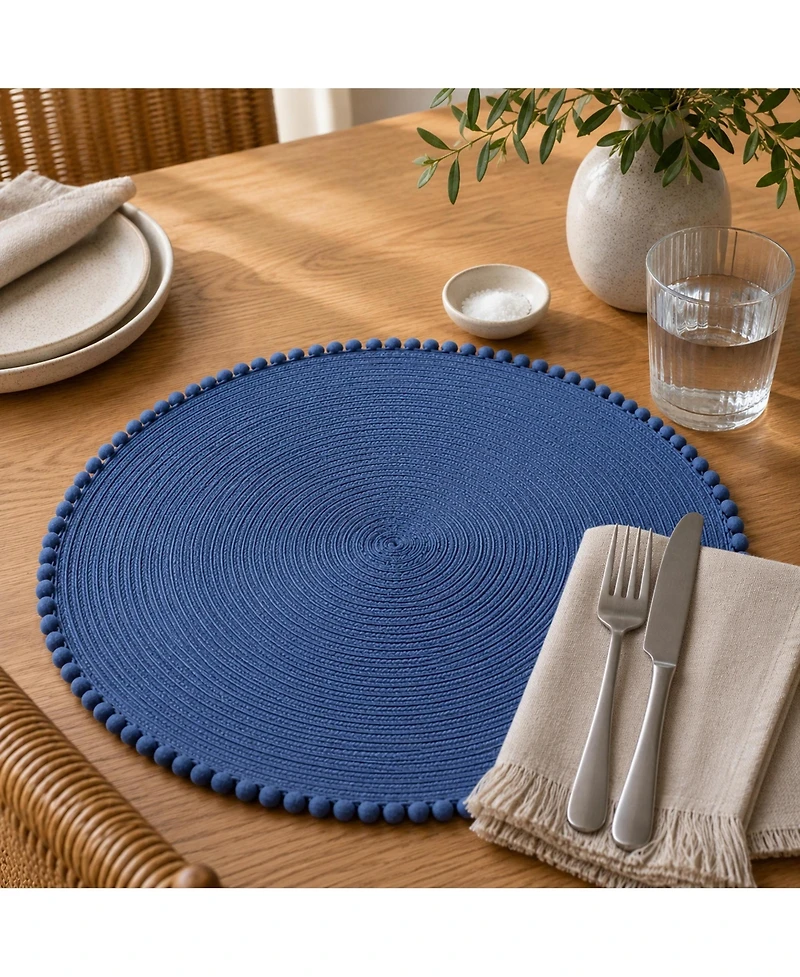 Dainty Home Pom 15" Round Woven Placemats Set of 6 - Durable, Reversible and Non-Slip Table Mats