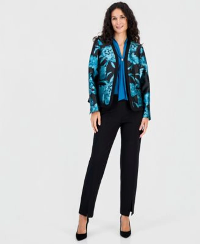 Kasper Womens Framed Floral Jacket Tie Neck Sleeveless Blouse Audrey Straight Leg Trousers