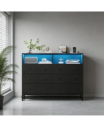 homfan 6-Drawer Storage Dresser with App Control Led Lights, Multi-Port Charging Station, Waterproof Engineered Wood Chest Easy Assembly