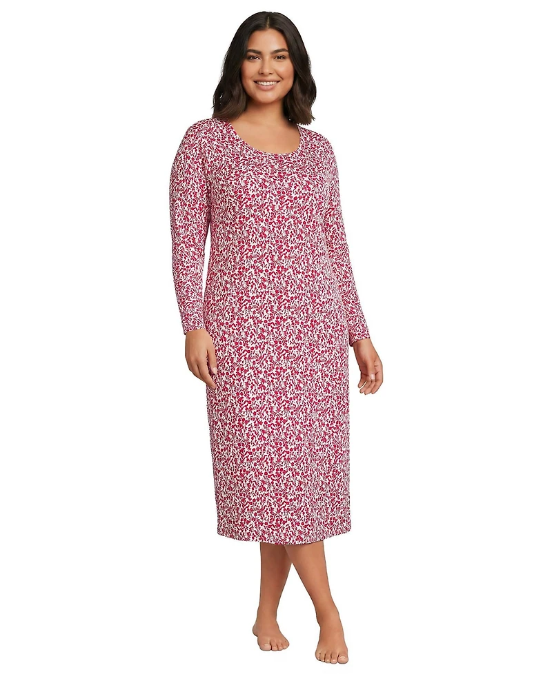 Lands' End Plus Cotton Long Sleeve Midcalf Nightgown