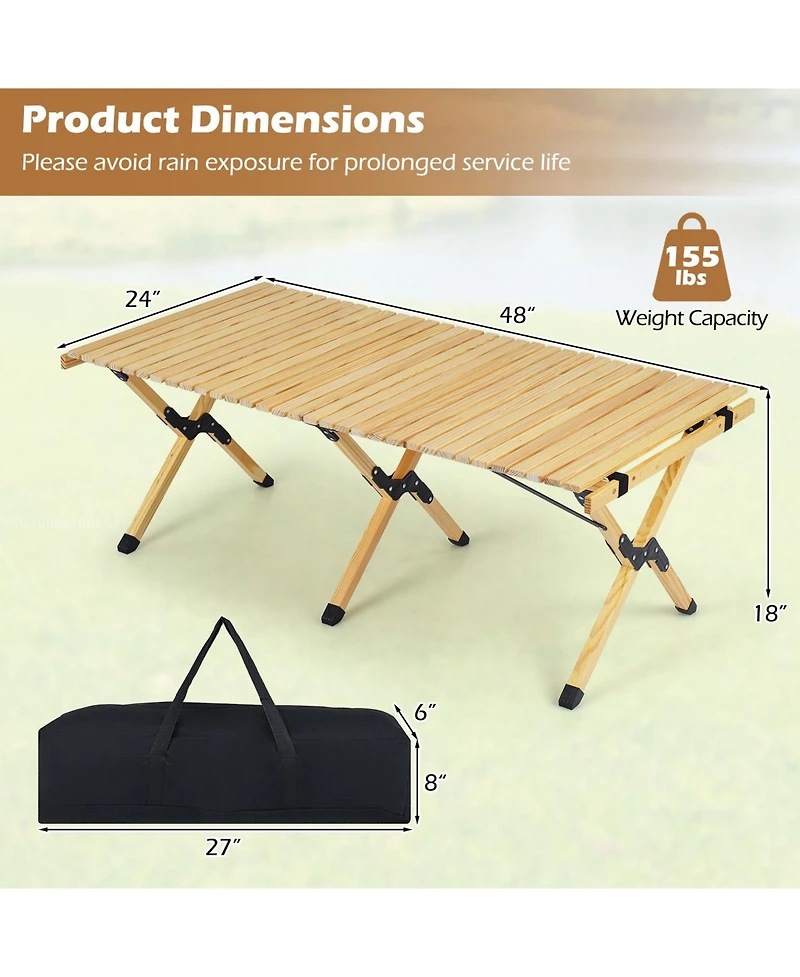 Costway Folding Camping Table, Portable Roll-Up Pine Wood Picnic Table with Carry Bag