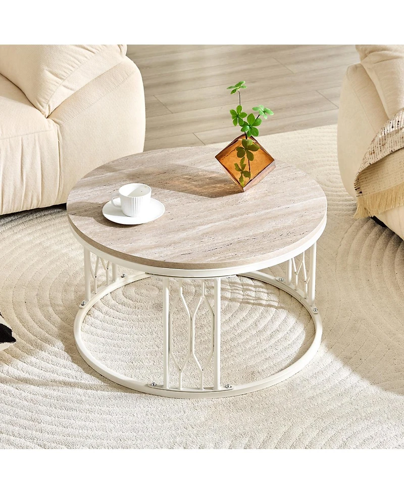 Streamdale Furniture 27.5'' Round Stone-Effect Mdf Coffee Table with Metal Legs