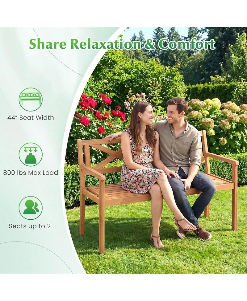 Sugift 2-Person Acacia Wood Garden Bench with Wide Armrests and Slatted Seat