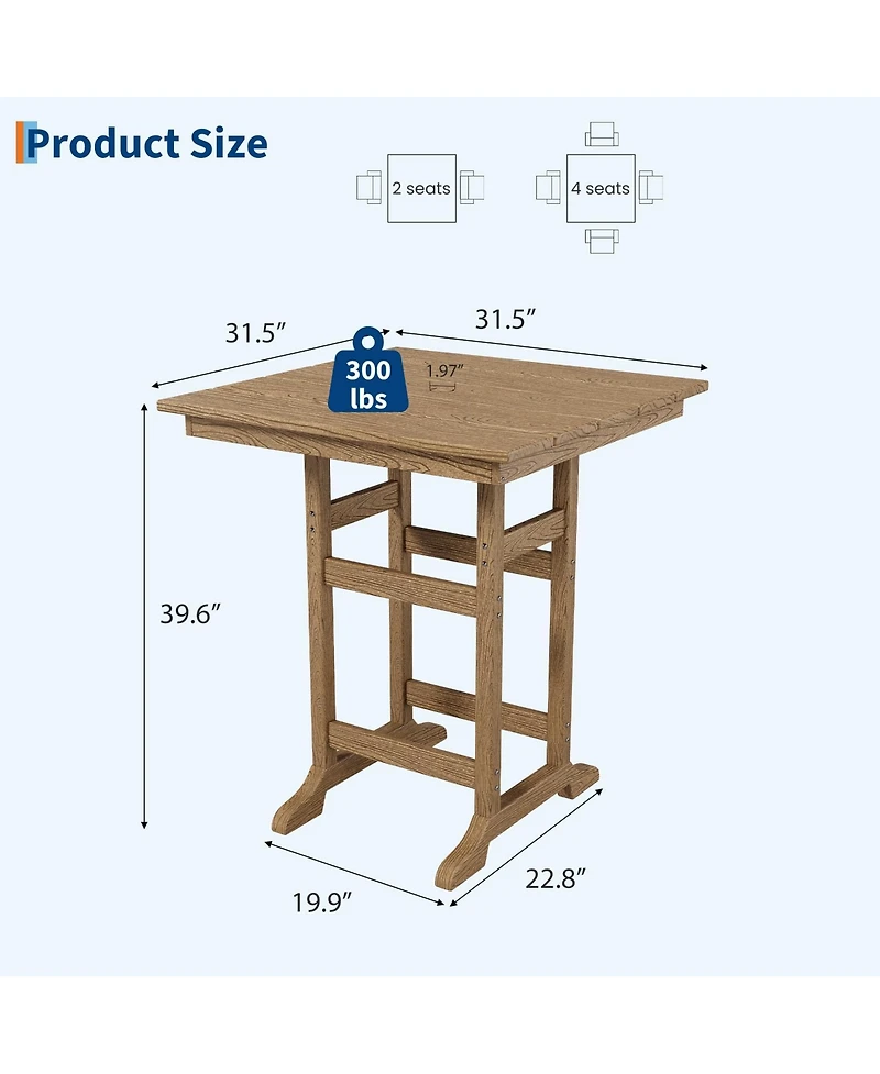 homfan 31.5" Square Hdpe Wood Grain Outdoor Bar Table – 39.6" High Weatherproof Pub Table with Umbrella Hole, 300 lb Capacity for Patio and Poolside