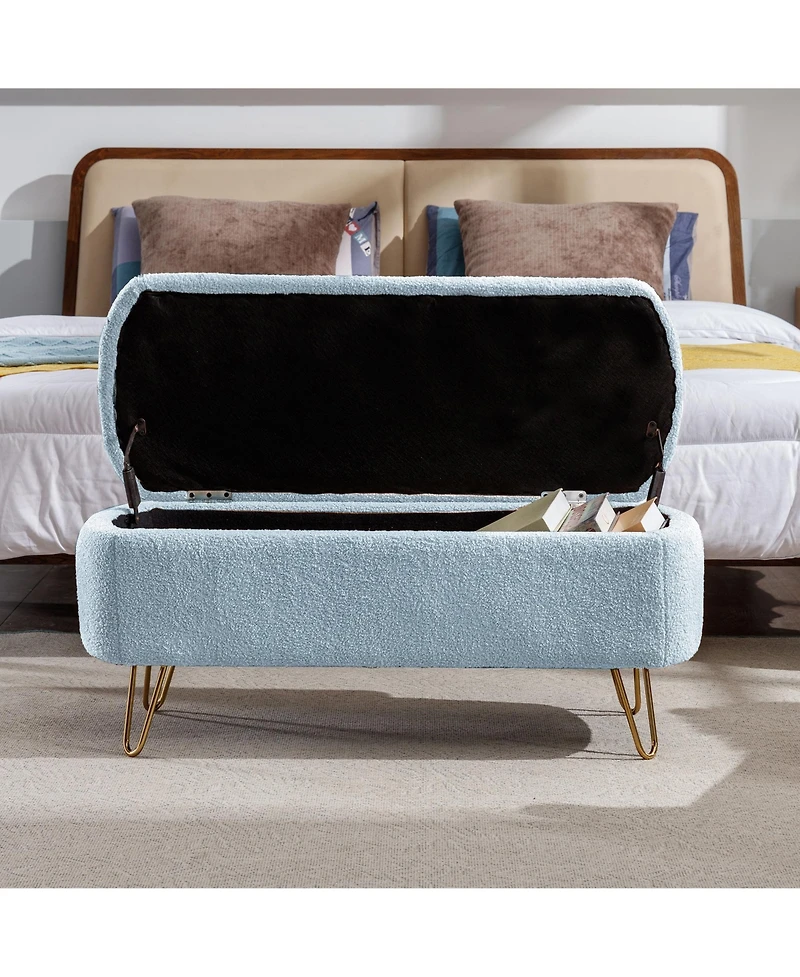 sumyeg Storage Ottoman Bench for End of Bed Gold Legs Modern Grey Faux Fur Entryway Upholstered Padded