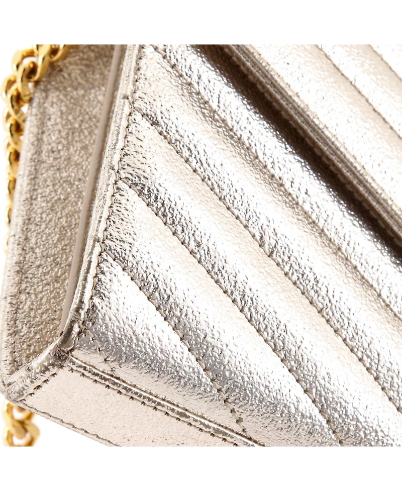 Pre-Owned Saint Laurent Medium Classic Monogram Wallet on Chain Matelasse Chevron Metallic Leather