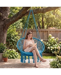 Sugift Macrame Bohemian Swing Hammock Chair with Round Cushion and Metal Rings